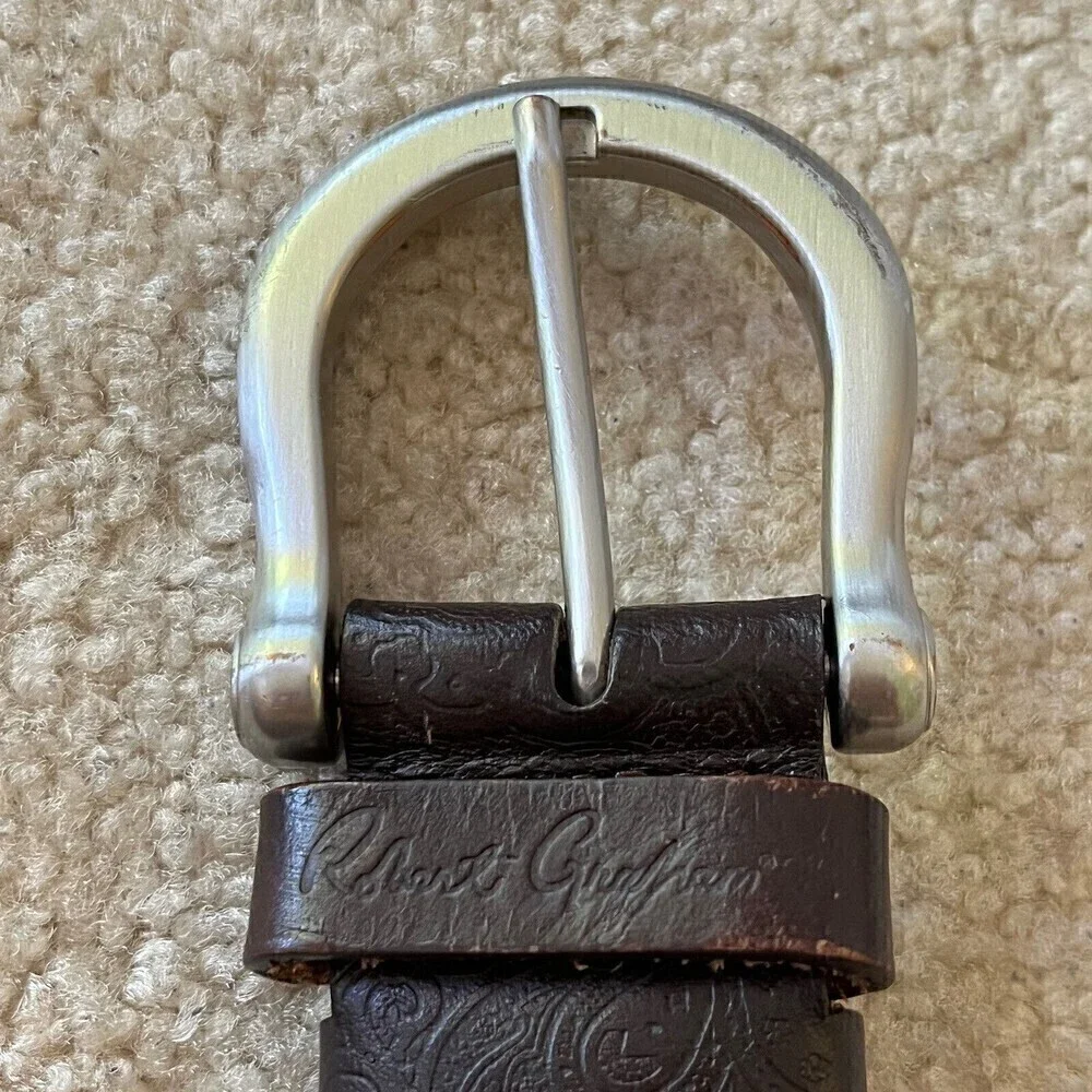 Robert Graham Men Belt 38 Braided Woven Red Blue Grey Tooled Brown Leather Golf